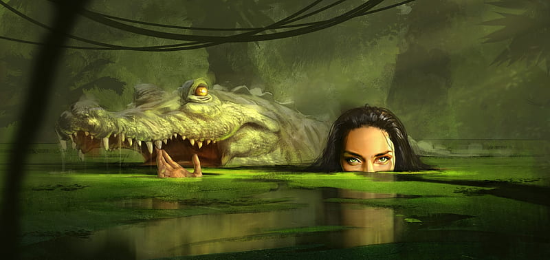 Crocodile charmer by Dean Ilango, art, frumusete, luminos, alligator, dean ilango, vara, fantasy, water, girl, green, crocodile, summer, jungle, eyes, HD wallpaper
