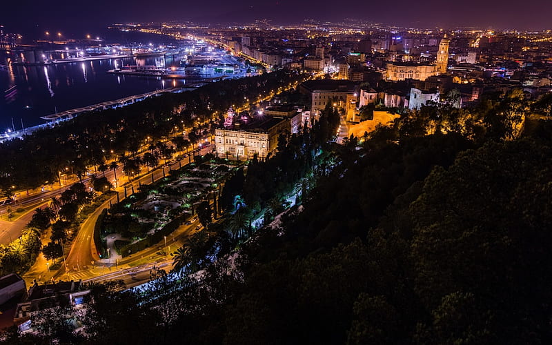 Malaga, night, city lights, port, streets, cityscape, Spain, HD wallpaper