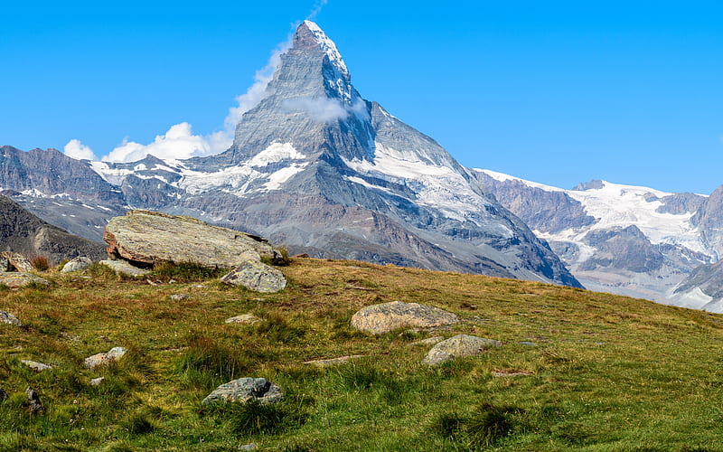 Matterhorn, Alps, mountain landscape, cliffs, green meadow, mountains, Pennine Alps, Italy, Zermatt-Matterhorn, HD wallpaper