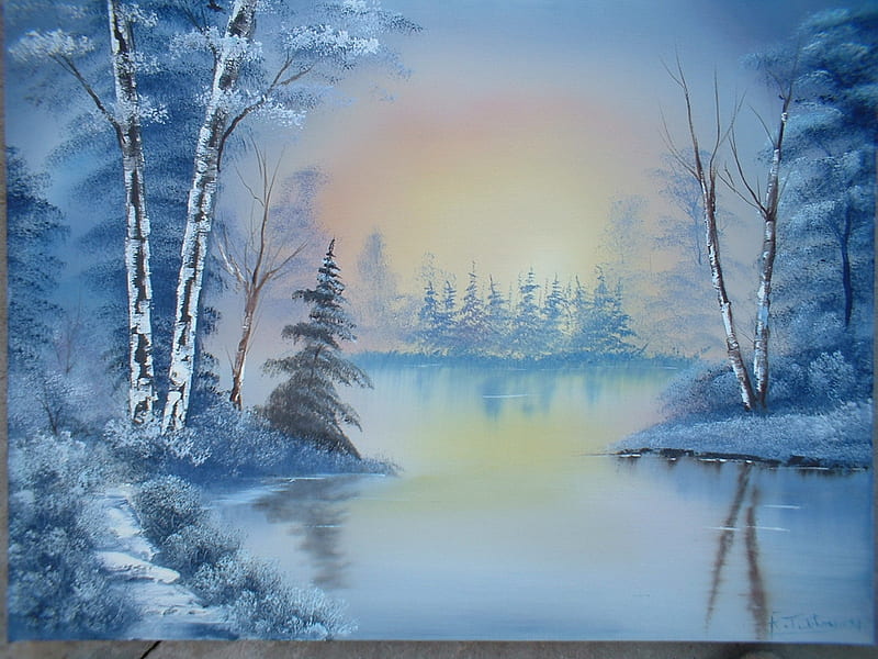 BOB ROSS PAINTING, snow, ross, painting, bob, lake, winter, HD wallpaper