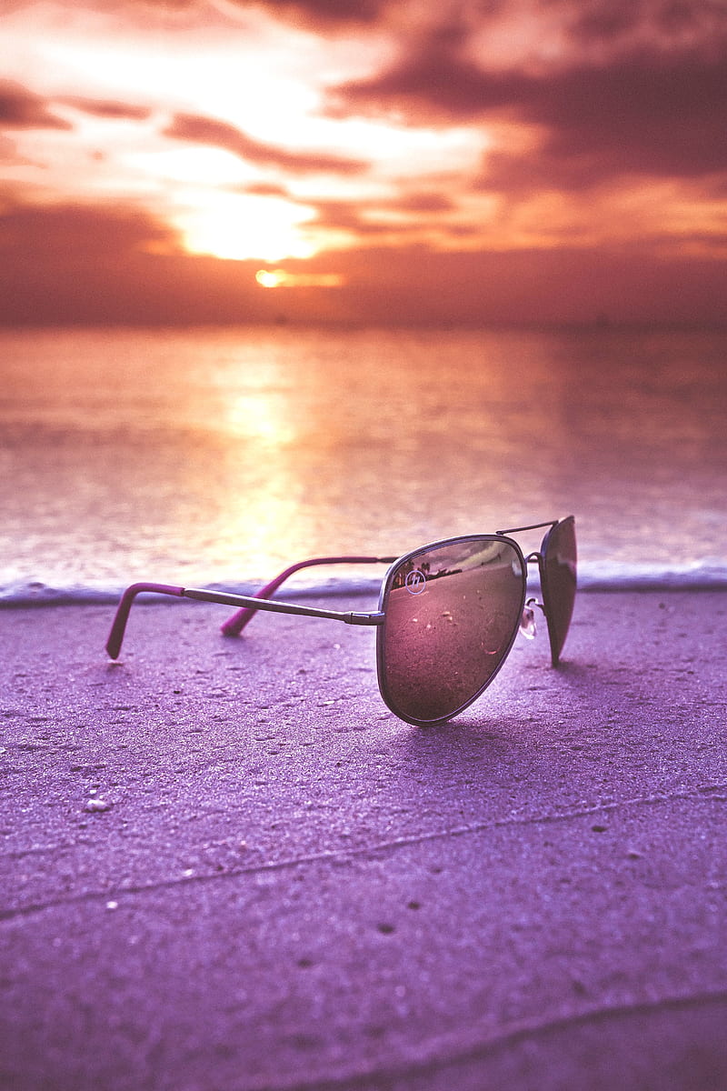 sunglasses, glasses, sea, sunset, HD phone wallpaper