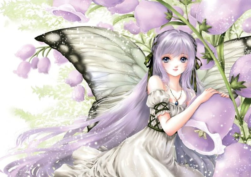 ~❀ADORE❀~, pretty, adorable, magic, wing, women, sweet, floral, pixie, fantasy, butterfly, love, anime, royalty, flowers, beauty, anime girl, gems, jewel, purple eyes, long hair, fairy, wings, lovely, ribbon, gown, purple hair, amour, sexy, jewelry, cute, maiden, dress, divine, adore, bonito, sublime, woman, blossom, gemstone, hot, gorgeous, female, exquisite, kawaii, girl, flower, precious, magical, petals, lady, angelic, HD wallpaper