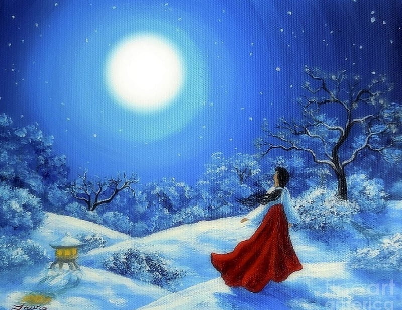 Snow Like Stars, moons, draw and paint, holidays, love four seasons, xmas and new year, winter, paintings, girl, snow, HD wallpaper