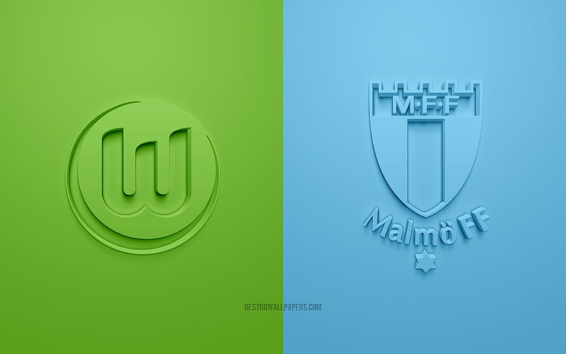 Wolfsburg vs Malmo FF, UEFA Europa League, 3D logos, promotional materials, green blue background, Europa League, football match, Wolfsburg, Malmo FF, HD wallpaper