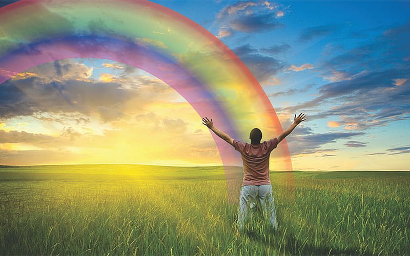 End Of Rainbow A, Rainbow, Field, Man Walking, Many Colors, HD wallpaper
