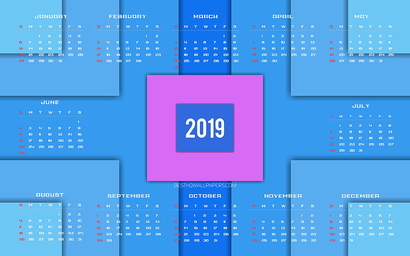 Calendar 2019, lines, 2019 Yearly Calendar, blue material design, creative, abstract art, Year 2019 Calendar, artwork, 2019 calendars, material design, 2019 calendar, HD wallpaper
