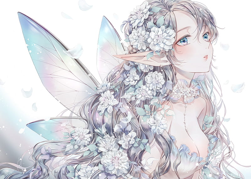 Unconquered Beauty, Anime, White Flowers, Lovely, Women, Female, bonito, White Dress, Silver Hair, Pointed Ears, Sweet, Fairy, Cute, Long Hair, Girl, Flowers, Wings, HD wallpaper