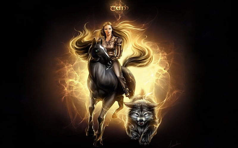 Night Riders, hair, lovely, flames, girl, wolf, horse, night, HD wallpaper