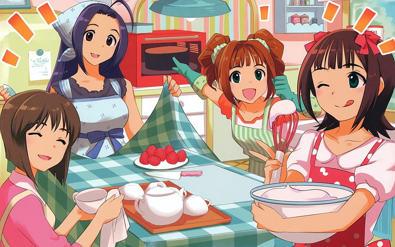 ~Baking With Friends~, cake, oven, icing, kitchen, knife, teapot, baking, teacups, idolmaster, anime, strawberries, girls, friends, HD wallpaper