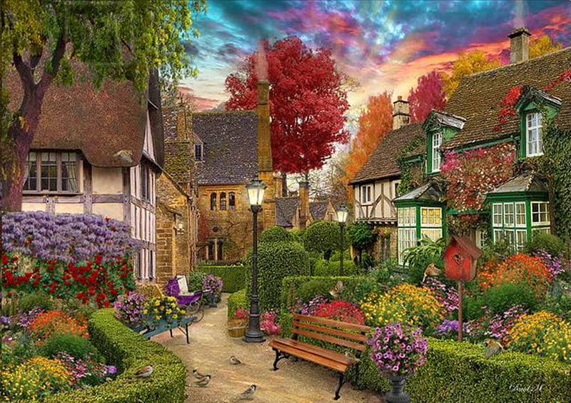 english garden, flowers, gardens, art, paintings, HD wallpaper