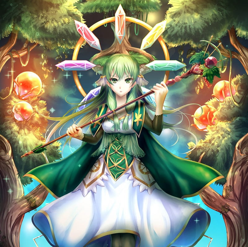 Forest Guradian, staff, pretty, dress, glow, cg, bonito, magic, sweet, nice, fantasy, green, anime, beauty, anime girl, weapon, long hair, light, forest, female, lovely, wand, gown, rod, armor, tree, girl, magical, green hair, magician, HD wallpaper