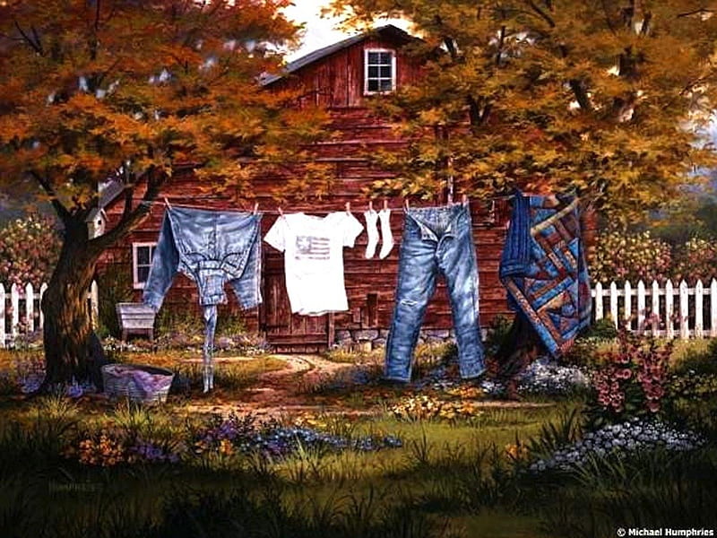 Line Dance, clothes, line dry, home, country, wash, laundry, painting, summer, day, watercolor, HD wallpaper