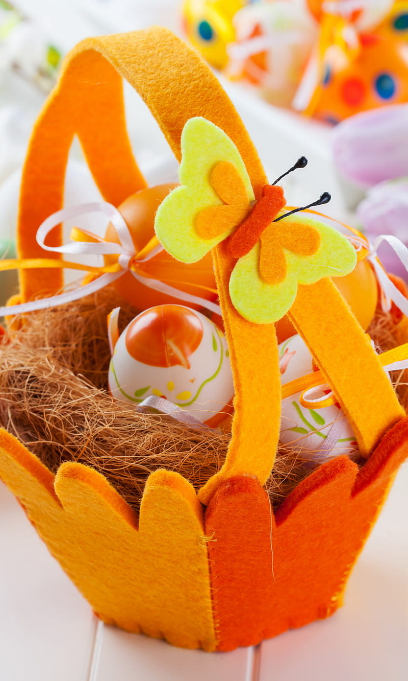 Easter Basket, celebration, egg, flowers, holiday, spring, tulips, HD phone wallpaper