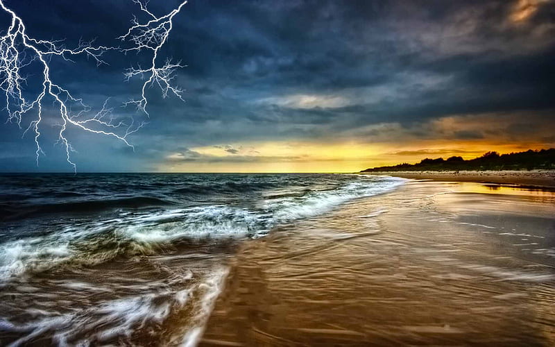 Thunder Storm, beach, lightning, thunder, sky, ray, sea, HD wallpaper
