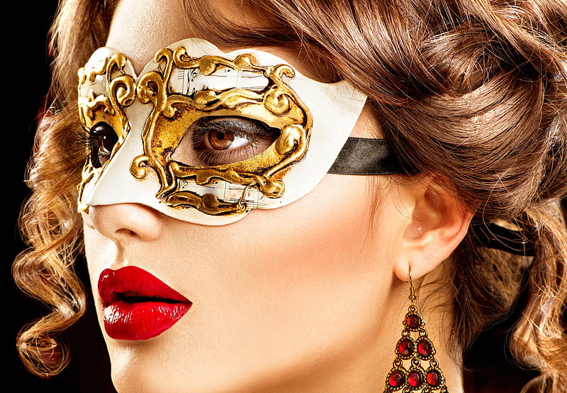Beauty, red, model, golden, woman, lips, anna subbotina, girl, jewel, face, mask, HD wallpaper