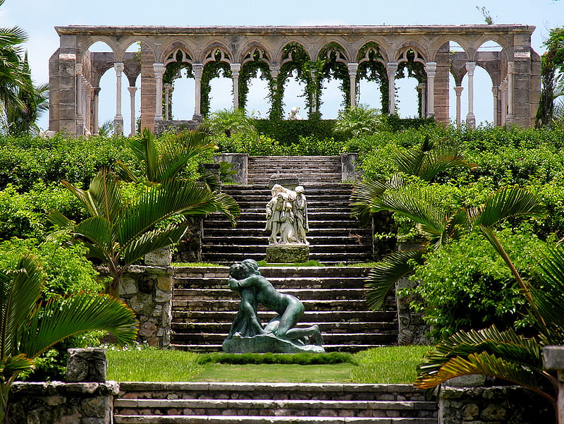 Versailles gardens, statues, arches, green, france, gardens, versailles, steps, palms, HD wallpaper