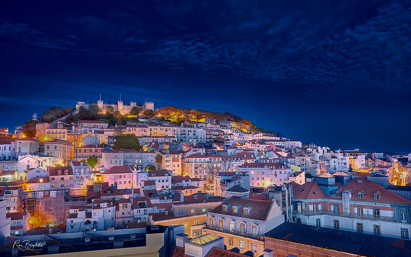 Lisbon, Saint George Castle, evening, sunset, cityscape, Lisbon panorama, historic castle, Portugal, HD wallpaper