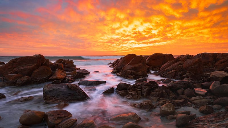 Sunrise in Naturaliste, Western Australia, rocks, clouds, coast, water, sea, colors, sky, HD wallpaper Sunrise in Naturaliste, Western Australia, rocks, clouds, coast, water, sea, colors, sky, HD wallpaper