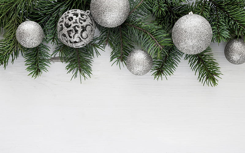 Silvery Christmas Balls, White Wooden Background, Silver Glittering Balls, Christmas Frame, HD wallpaper
