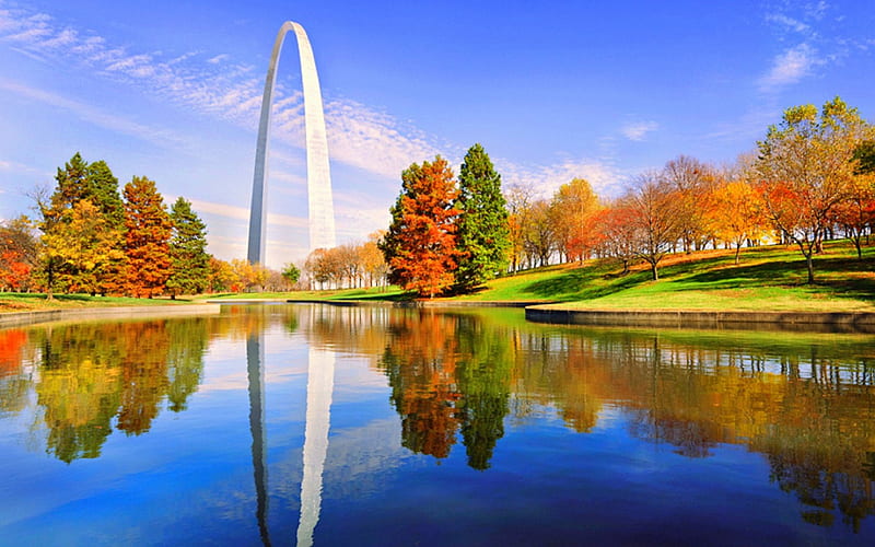 Autumn Gateway Arch , fall, stunning, lakes, autumn, love four seasons, places, autumn beauty, bonito, attractions in dreams, creative pre-made, trees, graphy, parks, landscapes, nature, St Louis MO, HD wallpaper