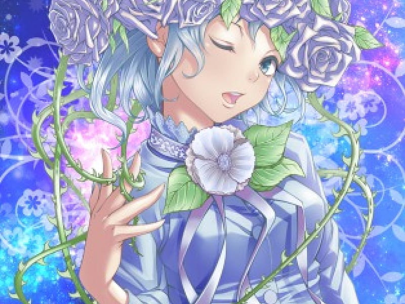 ~Lady Rose~, thorns, girl, anime, flowers, vines, wink, roses, HD wallpaper