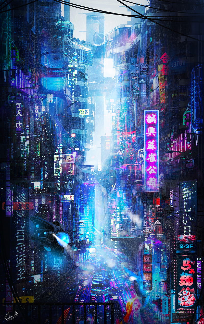 future, neon, city, rain, HD phone wallpaper