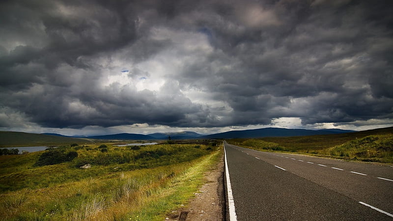 road under overcast sky, blacktop, grass, river, road, clouds, stormy, HD wallpaper