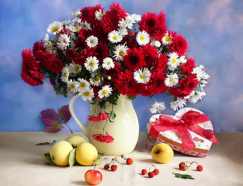 still life, red, pretty, autumn, strawberry, chrysanthemum, box, bonito, fruit, graphy, leaves, nice, love, flowers, beauty, blue, amazing, apple lovely, romantic, ribbon, colors, delicate, gift, elegantly, cool, bouquet, heart, flower, great, kettle, HD wallpaper