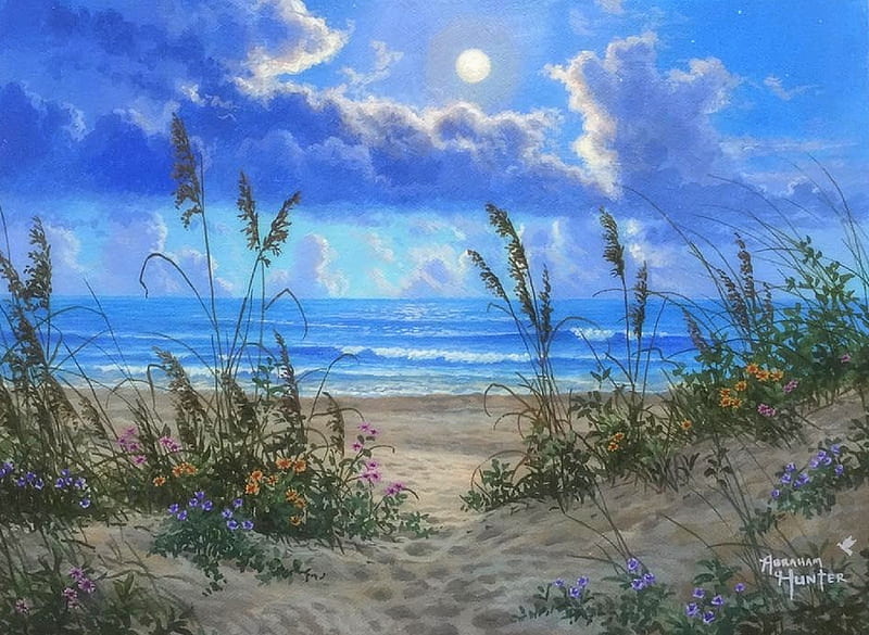 Moonrise, moons, attractions in dreams, sky, clouds, sea, paintings, paradise, beaches, footprints, summer, seaside, nature, blue, HD wallpaper