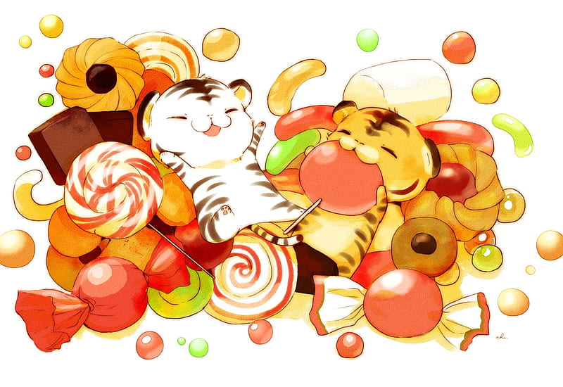 cute anime creatures, lollipop, dessert, candy, anime food, Anime, HD wallpaper