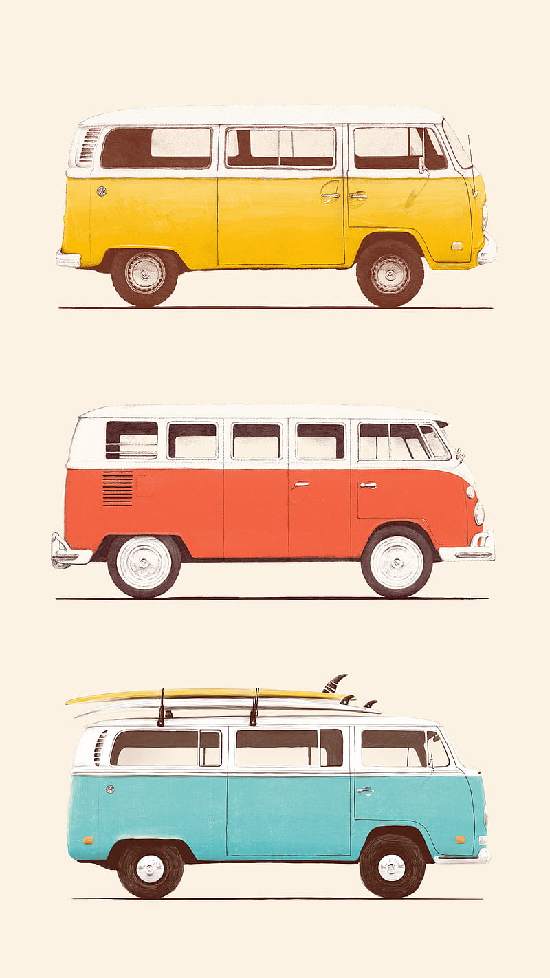 3 Vintage Vans, Florent, beach, bus, car, color, digital, explore, graphic-design, illustration, love, nature, ocean, summer, sunset, surf, surfboard, surfing, travel, trip, truck, van, HD phone wallpaper