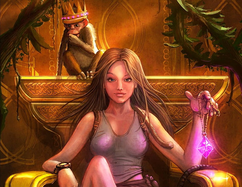 A Good Days Work, monkey, young, jewels, throne, crown, treasure, woman, HD wallpaper