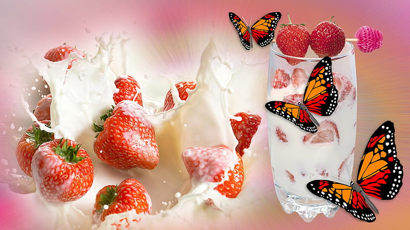 Fruits, Strawberry, Berry, Butterfly, Glass, Milk, HD wallpaper