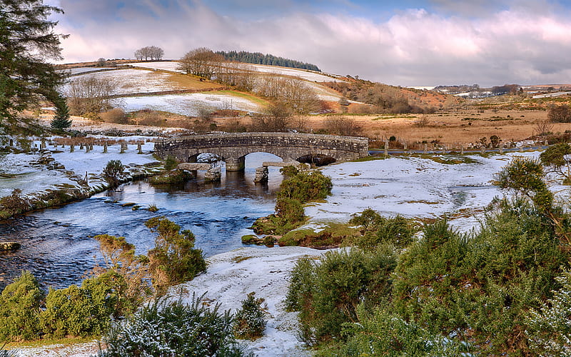 East Dart River winter, bridge, beautiful nature, Bellever, England, United Kingdom, HD wallpaper
