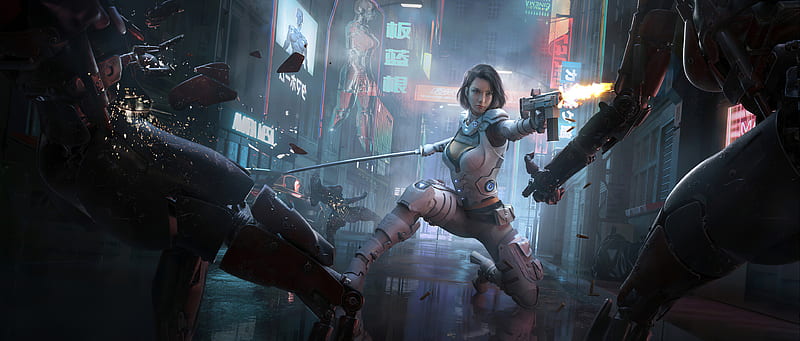 Cyberpunk Girl Hitting Man With Gun, artist, artwork, artstation, cyberpunk, HD wallpaper