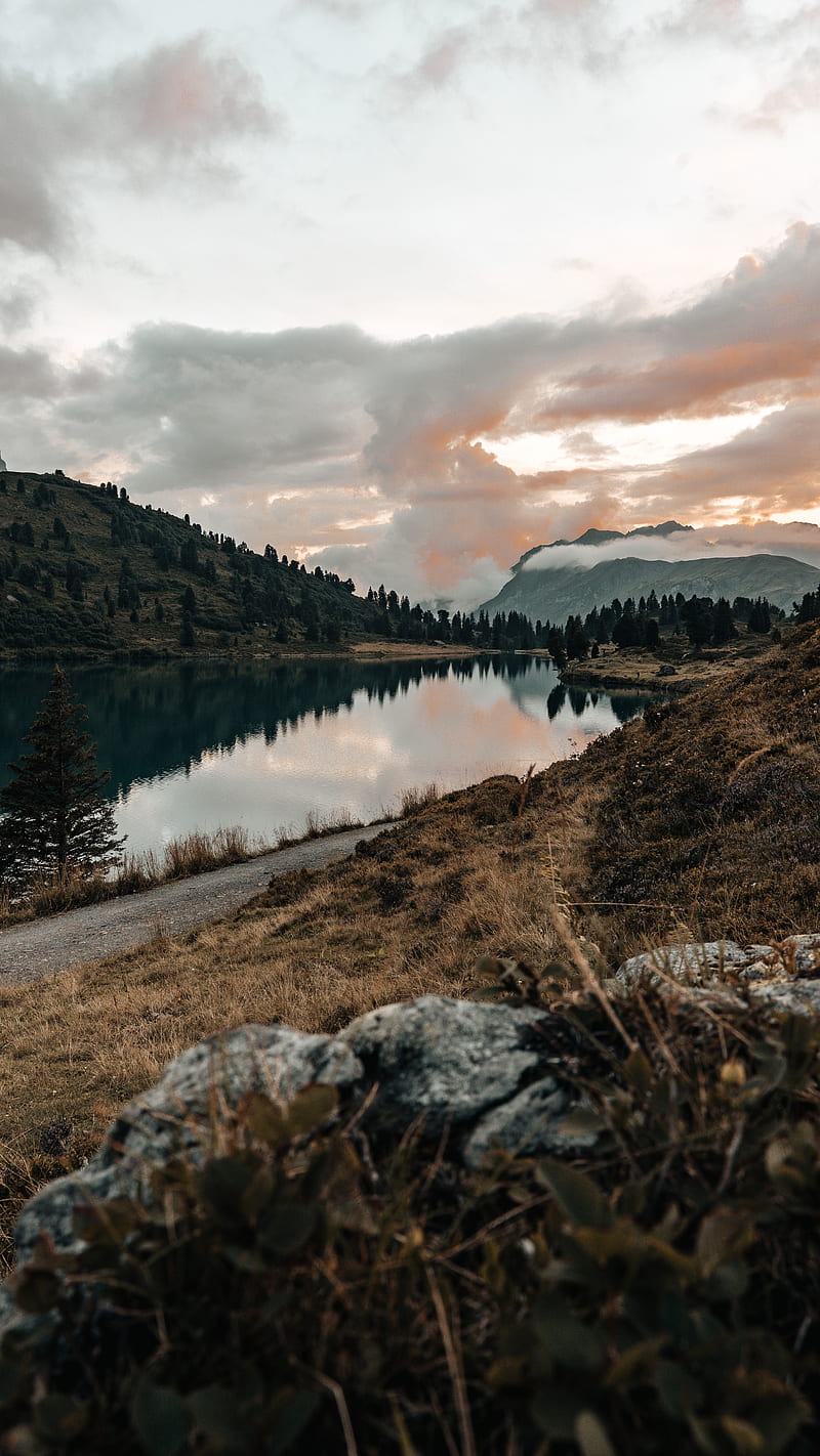 mountains, lake, trees, clouds, HD phone wallpaper