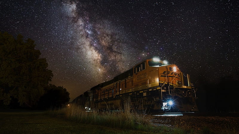 Milky Way over the train, milky way, amazing, train, night, HD wallpaper