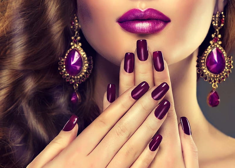 Purple, girl, hand, jewel, nails, lips, HD wallpaper