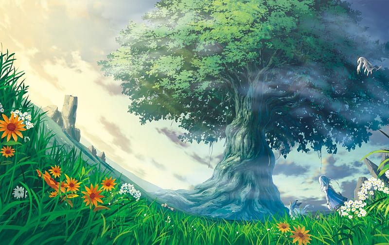 Grandioso árbol de anime, árbol, verde, anime, flores, naturaleza, cielo,  paisaje, Fondo de pantalla HD | Peakpx