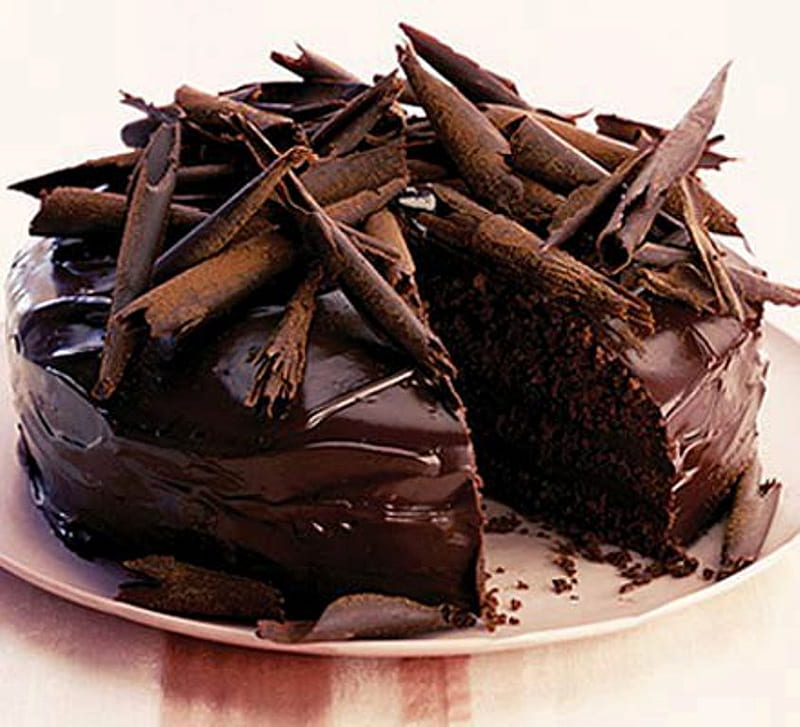 Chocolate Cake, cake, flakes, brown, chocolate, tasty, plate, soft, HD wallpaper