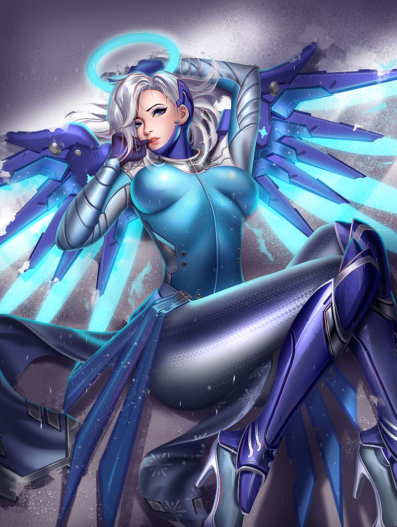 Mercy (Overwatch), Overwatch, video games, video game girls, white hair, looking at viewer, blue eyes, parted lips, lying on back, snow, wings, fantasy girl, glowing, armor, vertical, top view, video game characters, artwork, drawing, digital art, illustration, fan art, Liang Xing, Liang-Xing, gloves, HD phone wallpaper