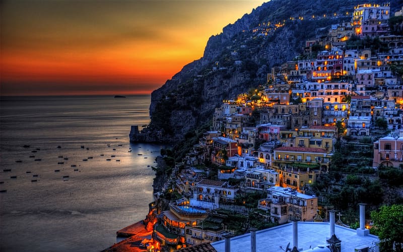 Night, Italy, Coast, Light, Ocean, House, , Town, Positano, , Towns, HD wallpaper
