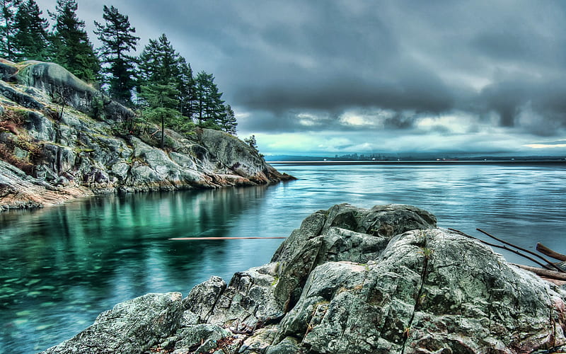 Canada, emerald lake, rocks, overcast, beautiful nature, North America, canadian nature, HD wallpaper
