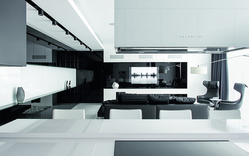 white black living room, white furniture, black armchairs, modern interiors, minimalistic interiors, modern design, living room, lounge, HD wallpaper