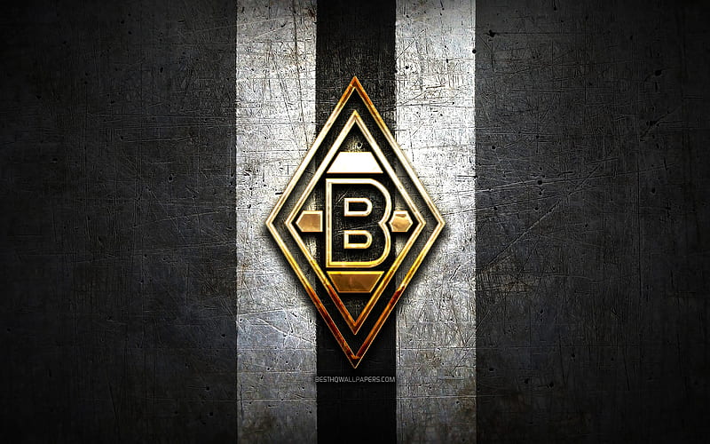 Borussia Monchengladbach, golden logo, Bundesliga, black metal background, football, Borussia Monchengladbach FC, german football club, Borussia Monchengladbach logo, soccer, Germany, HD wallpaper