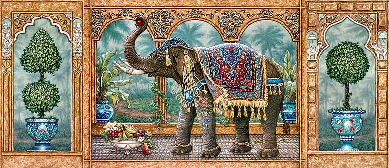 Rajah's Feast Panorama C , art, elephant, bonito, illustration, artwork, animal, painting, wide screen, wildlife, nature, HD wallpaper