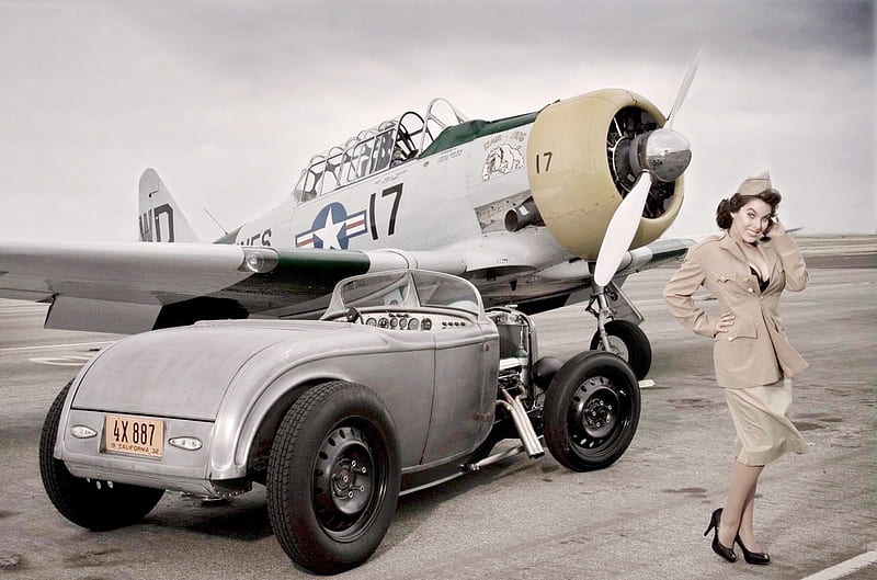 Hot Rod and Texan, plane, hot rod, ww2, fighter, car, world war 2, vintage, HD wallpaper