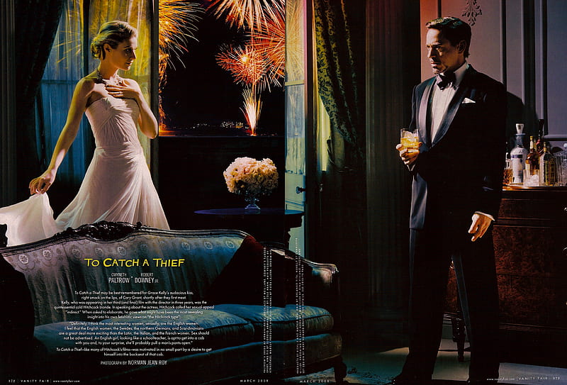 Vanity Fair's Hollywood issue 2008 04, robert downey jr, art, to catch a thief, hitchcock, alfred hitchcock, vanity fair, ironman, editorial, fireworks, gwyneth paltrow, movies, HD wallpaper
