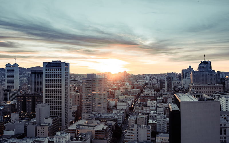 San Francisco, sunset, evening, skyscrapers, modern buildings, San Francisco skyline, California, USA, HD wallpaper
