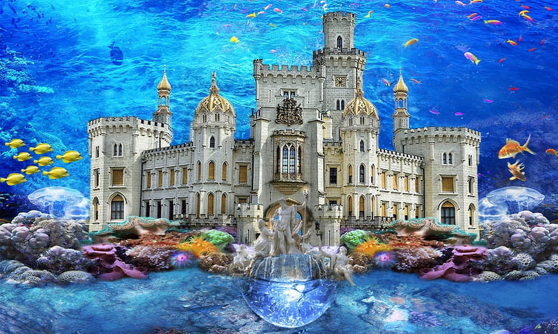 Neptune’s Castle, Fish, neptune, Castle, fantasy, ocean, magical, Enchanting, sea, coral, HD wallpaper